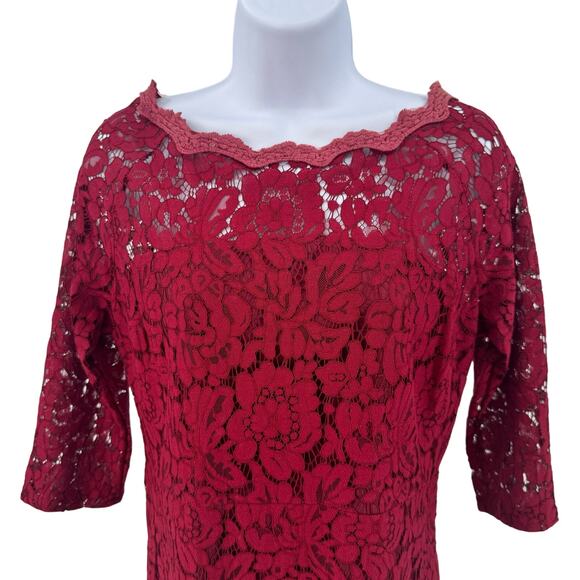 Xingchenkaiyi Red Lace Sheath Dress Womens XL 3/4 Sleeve Ruffle Hem Boat Neck - Picture 2 of 8